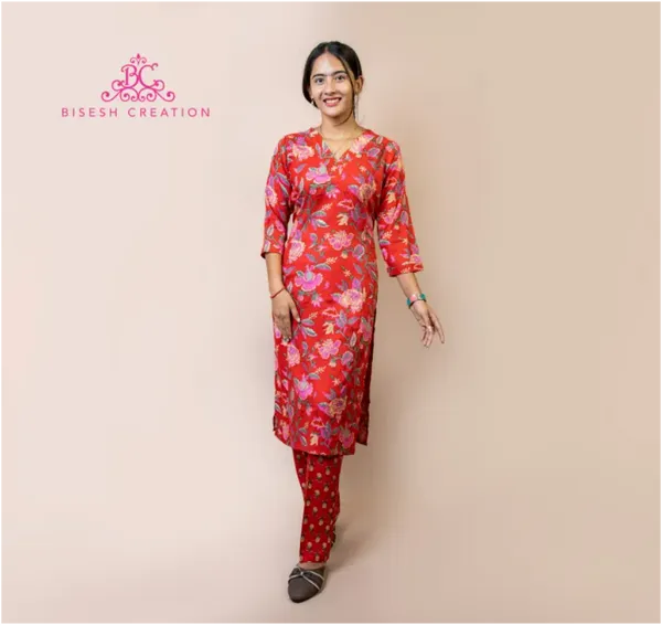 Bisesh Creation Red V-Neck Jari Dhari Floral Printed Straight Kurta Pant Co-ord Set For Women
